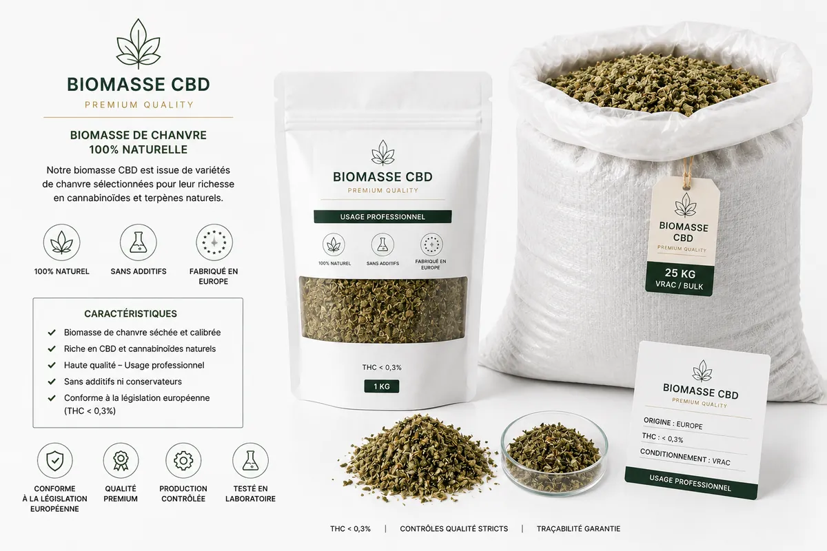 Conditionnement bulk biomasse CBD — sachets hermétiques vrac 1kg à 10kg, traçabilité COA par lot