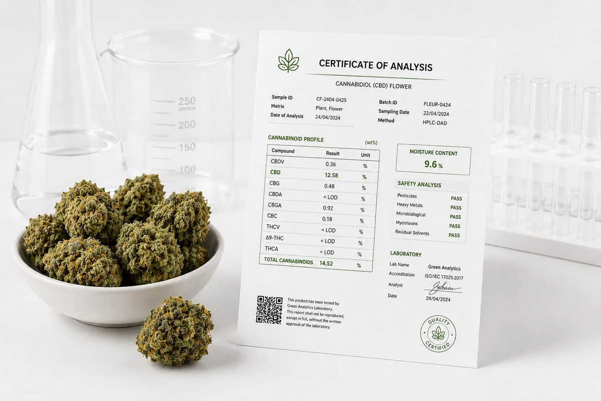 Certificat d'analyse COA fleurs CBD laboratoire — conformité THC inférieur à 0.3%