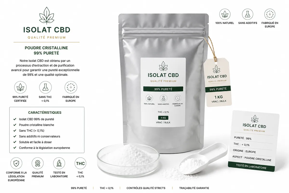 Conditionnement isolat CBD en gros — pochon aluminium hermétique sous azote 10g à 1kg fournisseur B2B