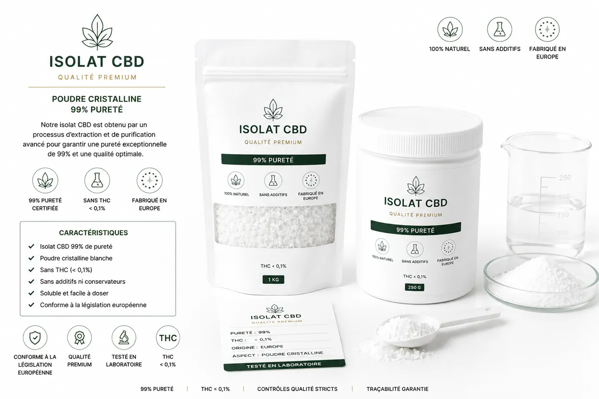 Isolat CBD 99 pourcent en gros — poudre cristalline extraction CO2 SFE grossiste pharmaceutique