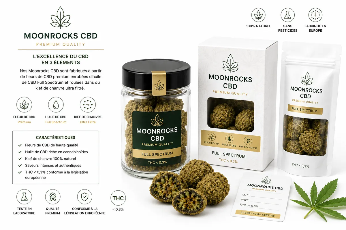 Conditionnement premium moonrocks CBD pour boutiques — sachet kraft luxe et boîte individuelle grossiste