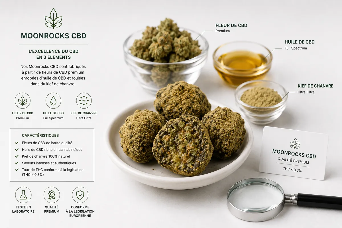 Moonrocks CBD premium en gros — fleur Indoor enrobée huile CO2 et kief, taux CBD supérieur à 50%