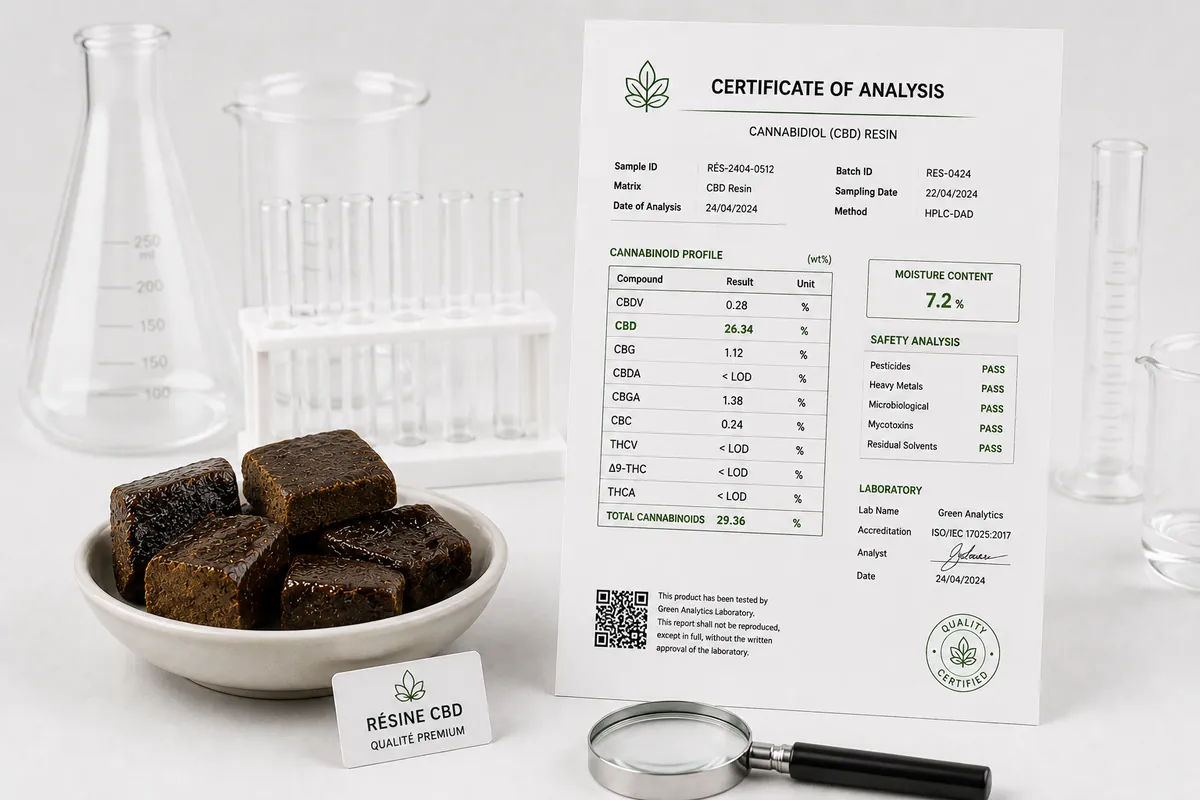 Analyse laboratoire résines CBD — conformité THC inférieur à 0.3% COA fournisseur