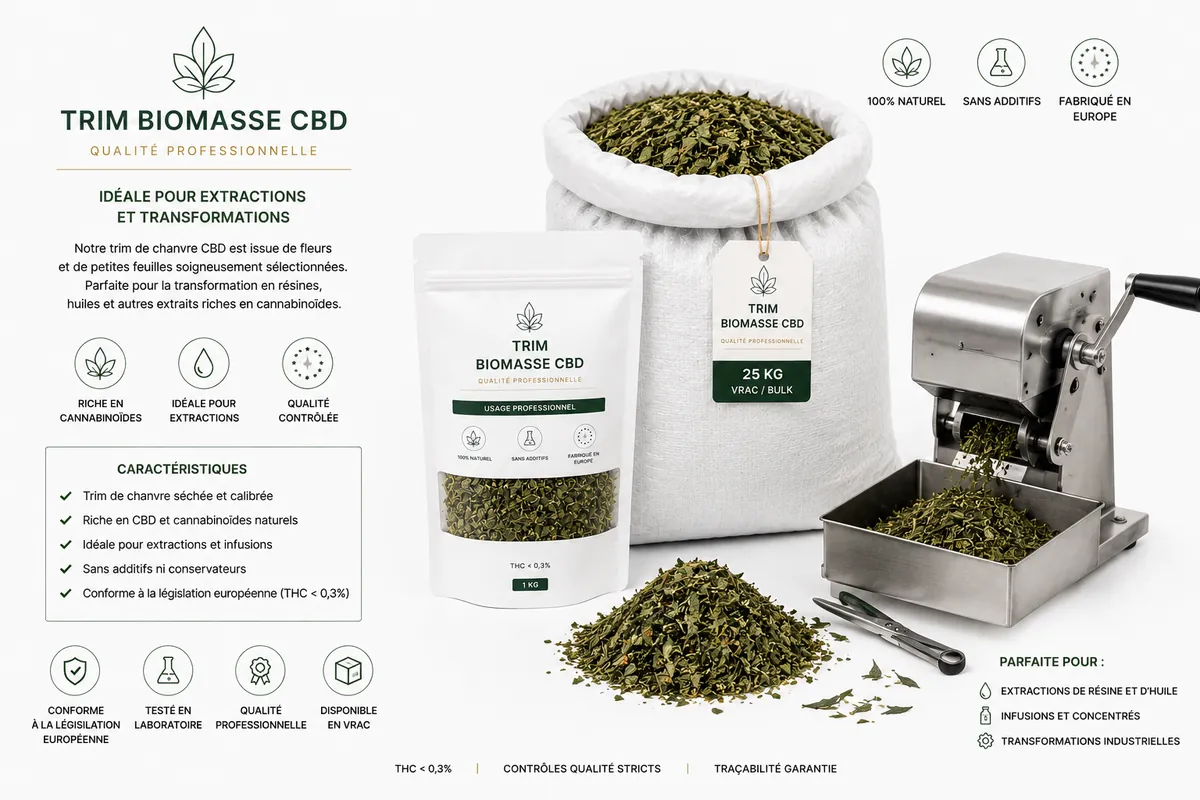 Trim et biomasse CBD en gros — trim machine, trim manuel et biomasse brute grossiste