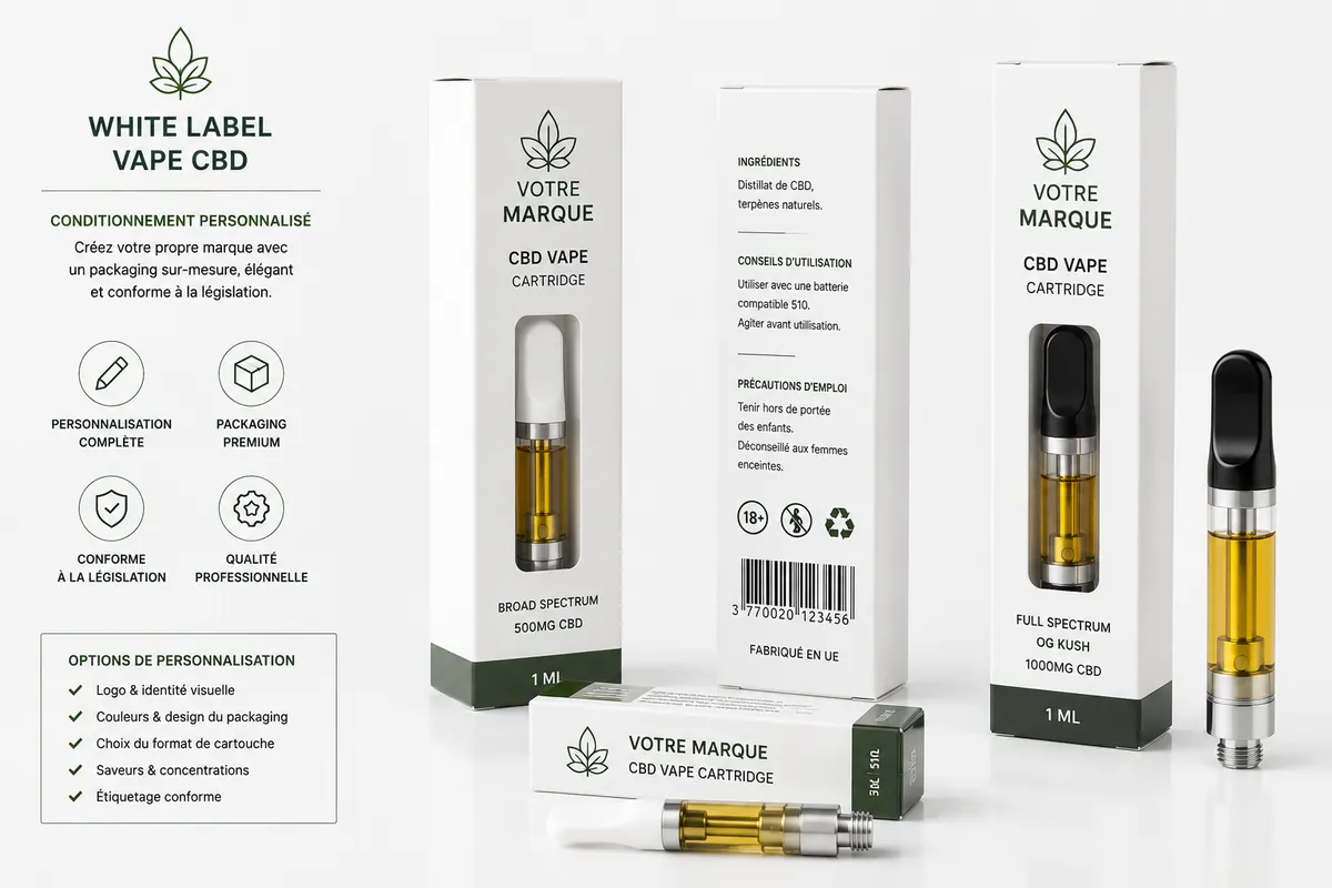 Conditionnement cartouches vape CBD en gros — packaging personnalisé white label TPD2 conforme