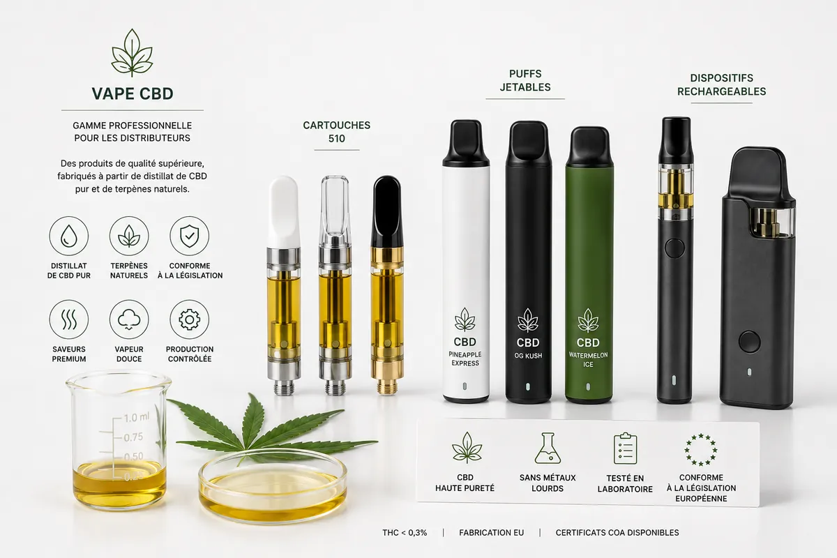 Gamme vape CBD en gros — cartouches 510 et puffs CBD fournisseur B2B