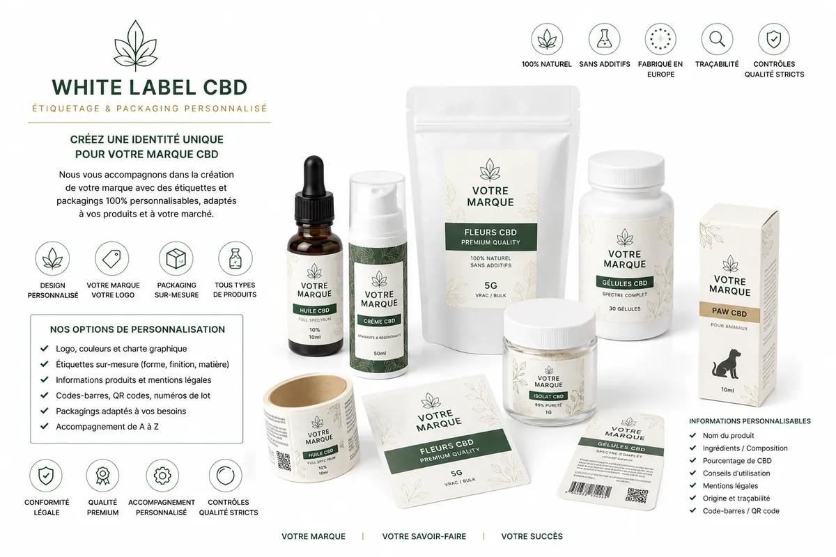 Packaging et étiquetage White Label CBD personnalisé — conformité INCO REACH COA dédié fournisseur