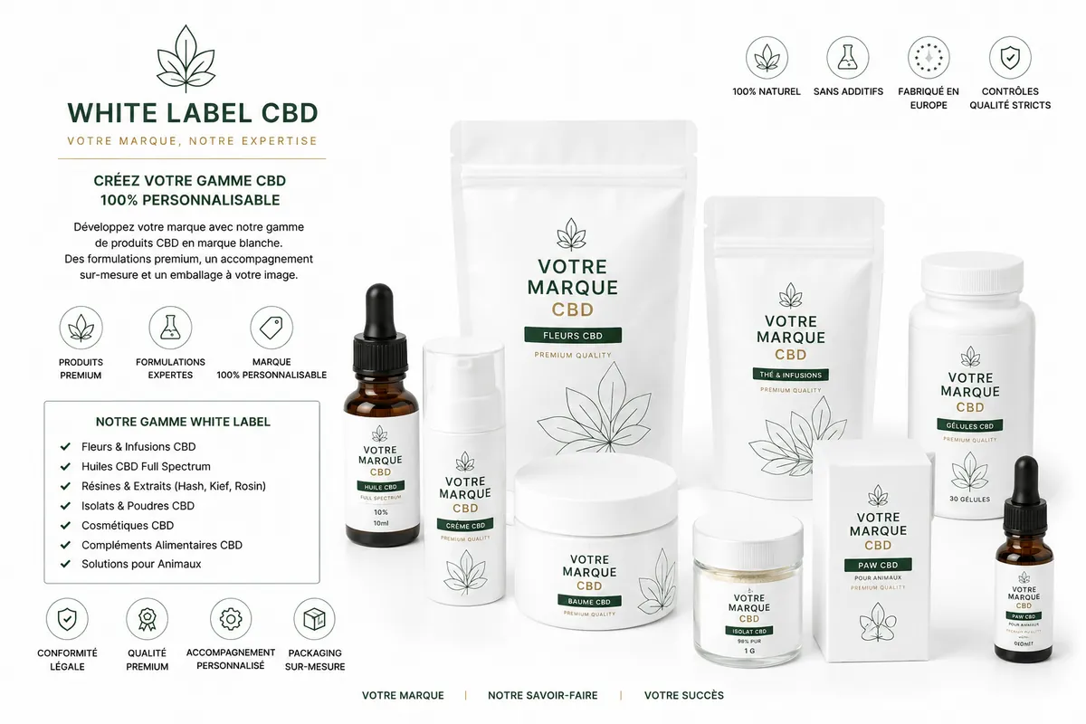 Gamme produits White Label CBD — huiles, cosmétiques et vape sous marque propre fournisseur B2B